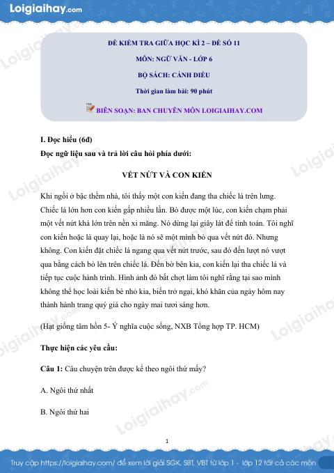 Đề thi giữa kì 2 Văn 6 Cánh diều - Đề số 11